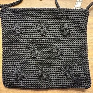 The Sak Mini Crochet Crossbody Bag Black Lined W/floral Detail 6x7